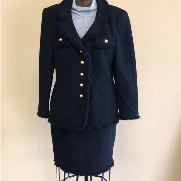 Rena Lange black tweed blazer and skirt suit set